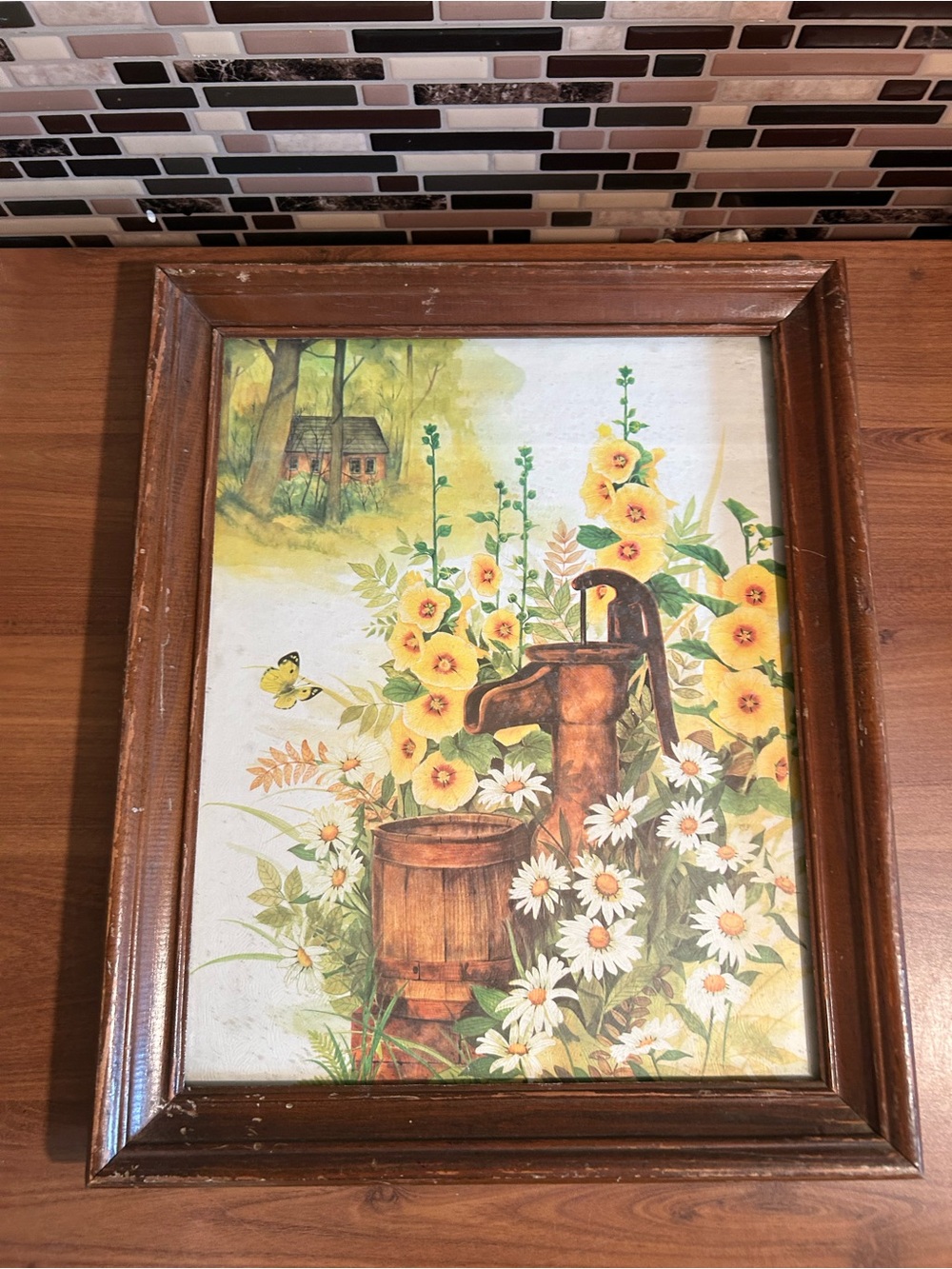 Vintage 1979’s Cottage Floral Garden Water Pump Wall Art - Yellow & White
